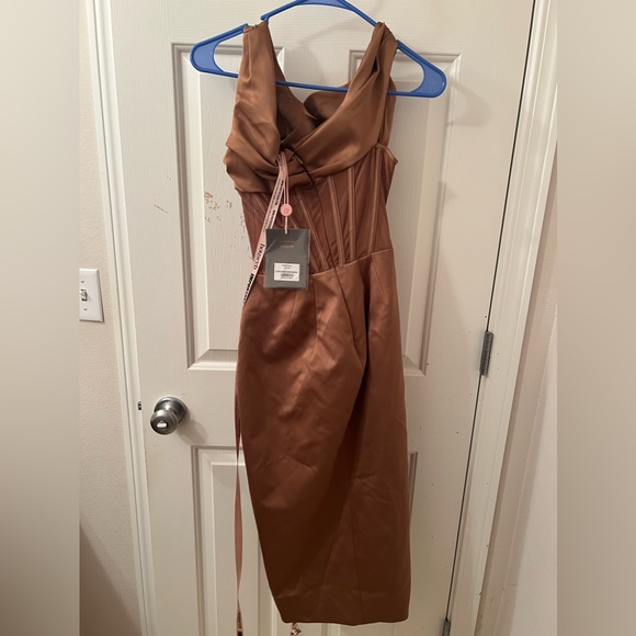 LULU ASYMMETRICAL DRAPE MIDI CORSET DRESS *TOFFEE - Picture 6 of 8